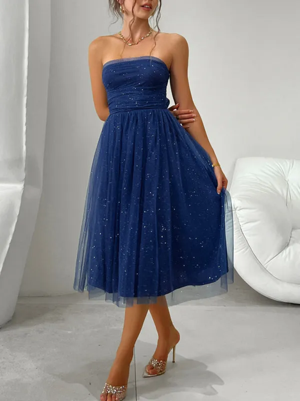 Trendy Sparkle Overlay Strapless Midi Dress with Bow