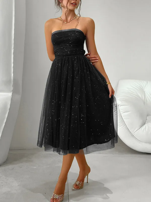 Trendy Sparkle Overlay Strapless Midi Dress with Bow