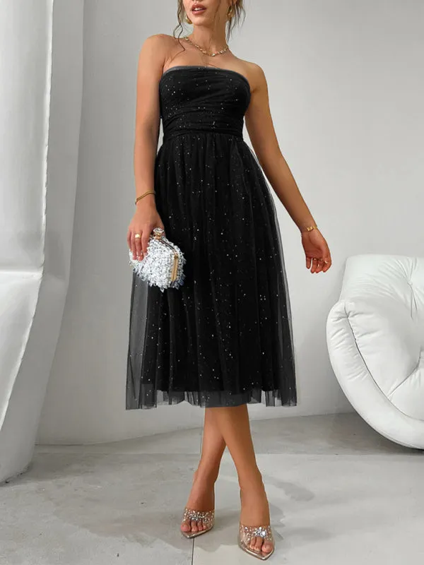 Trendy Sparkle Overlay Strapless Midi Dress with Bow