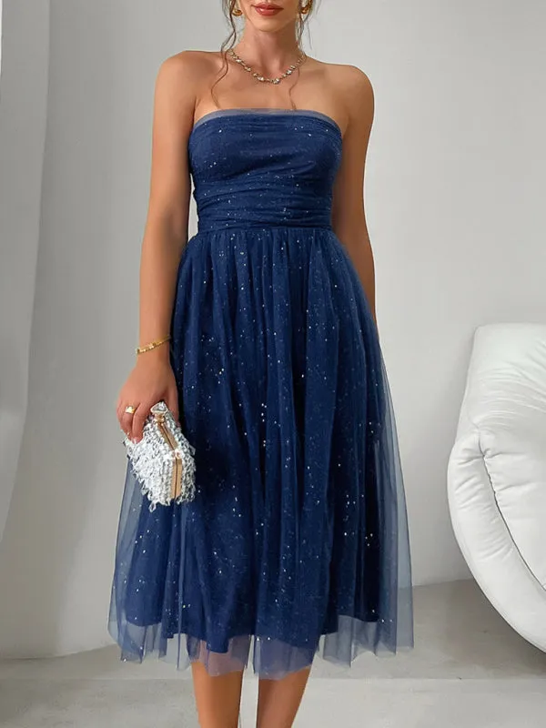 Trendy Sparkle Overlay Strapless Midi Dress with Bow