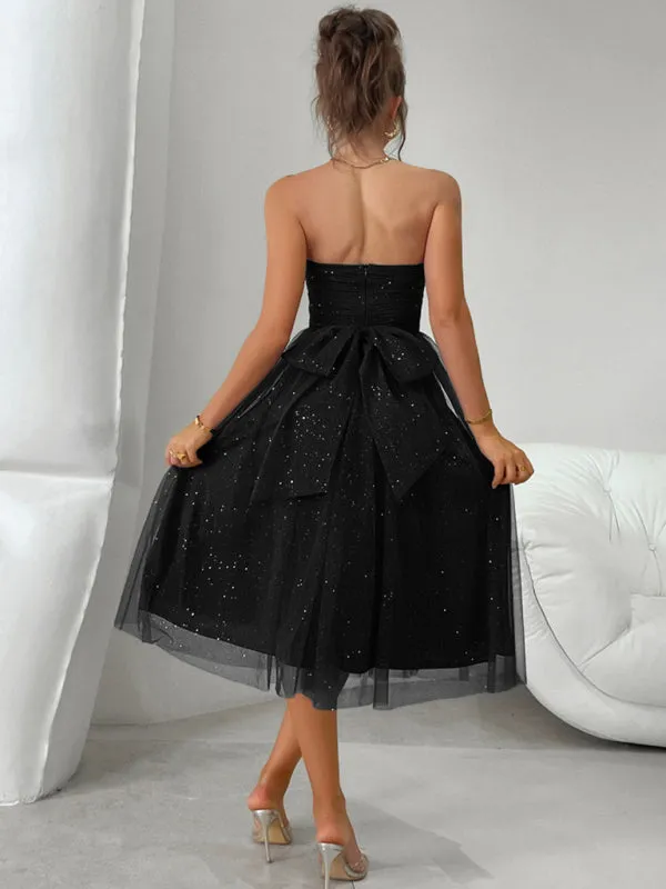 Trendy Sparkle Overlay Strapless Midi Dress with Bow