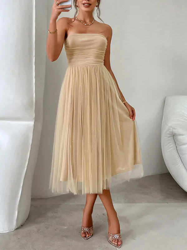 Trendy Sparkle Overlay Strapless Midi Dress with Bow