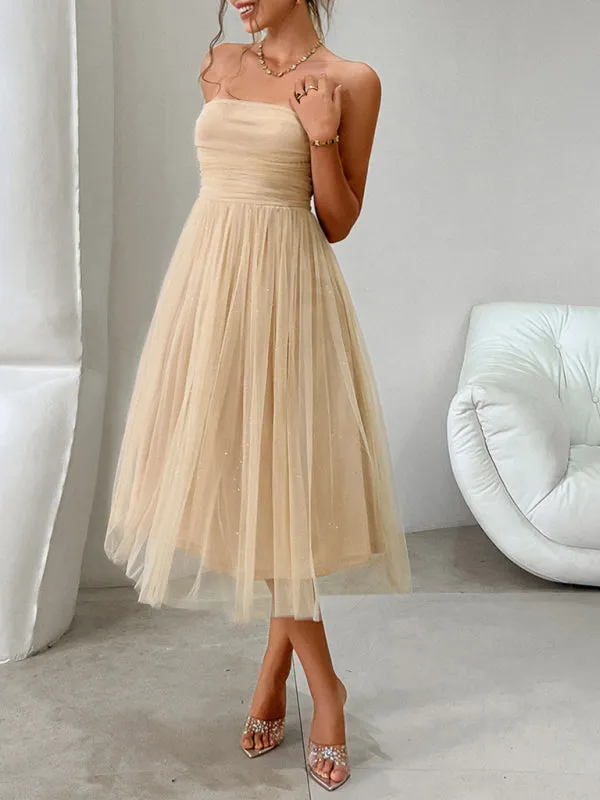 Trendy Sparkle Overlay Strapless Midi Dress with Bow