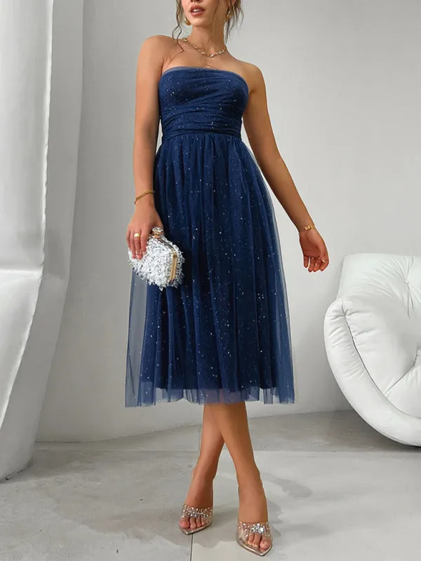 Trendy Sparkle Overlay Strapless Midi Dress with Bow