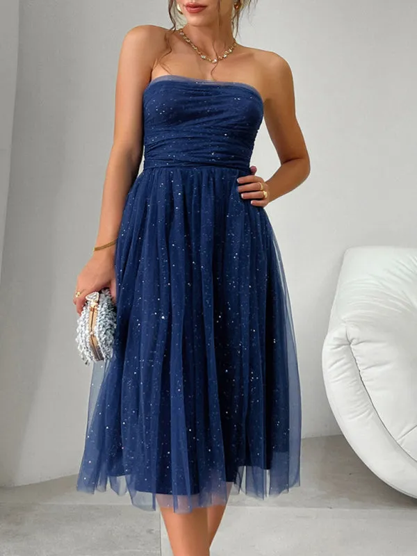 Trendy Sparkle Overlay Strapless Midi Dress with Bow