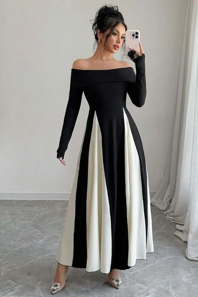 U-neck black & white maxi dress