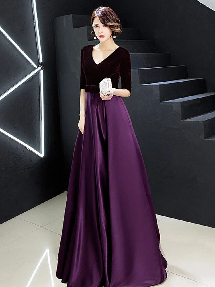 V-neck Bow Waist Trendy A-line Satin Evening Dress