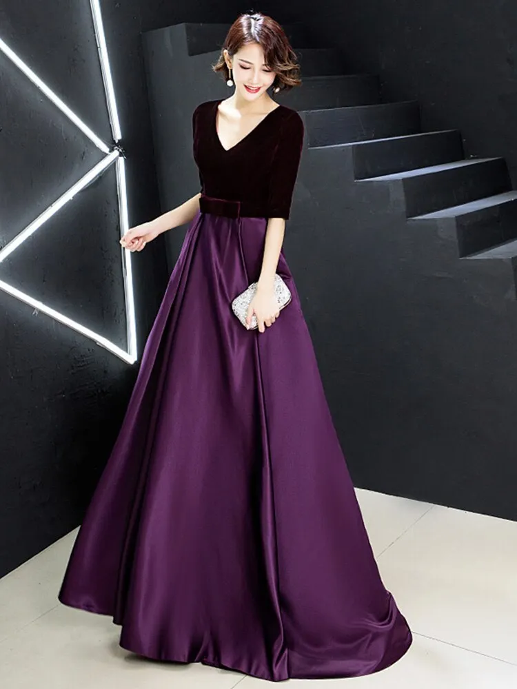 V-neck Bow Waist Trendy A-line Satin Evening Dress