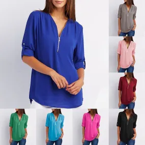 V Neck Zipper Patchwork Plain Blouses