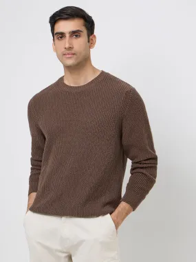 WES Casuals Dark Brown Knitted Relaxed-Fit Cotton Sweater