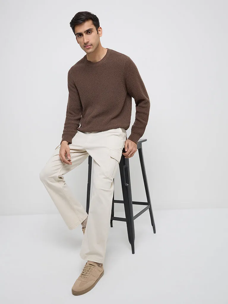 WES Casuals Dark Brown Knitted Relaxed-Fit Cotton Sweater