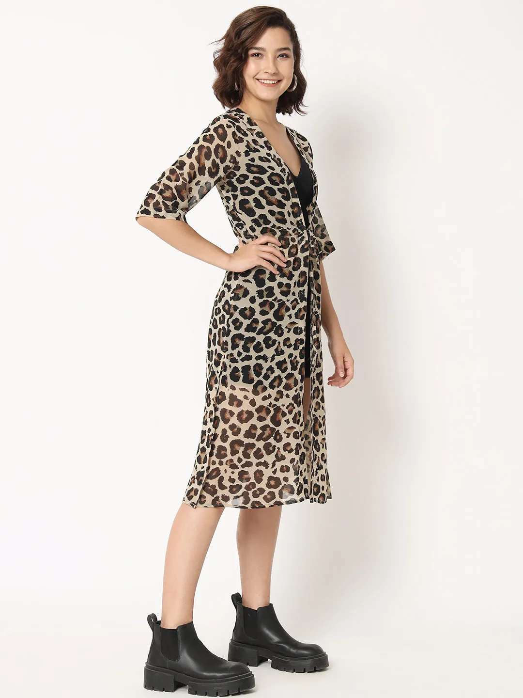 Women Animal Printed Longline Georgette Tie-Up Shrug