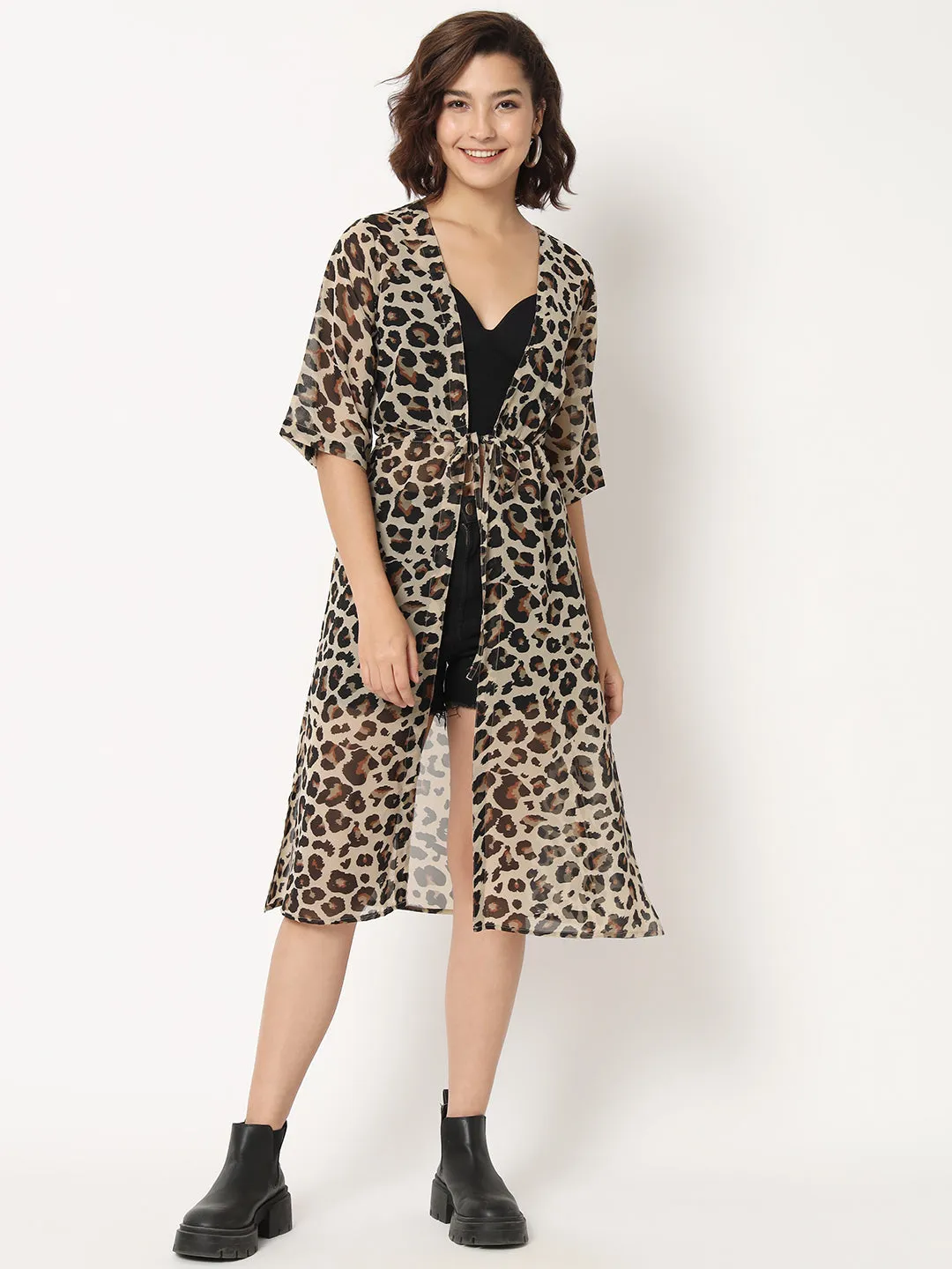 Women Animal Printed Longline Georgette Tie-Up Shrug