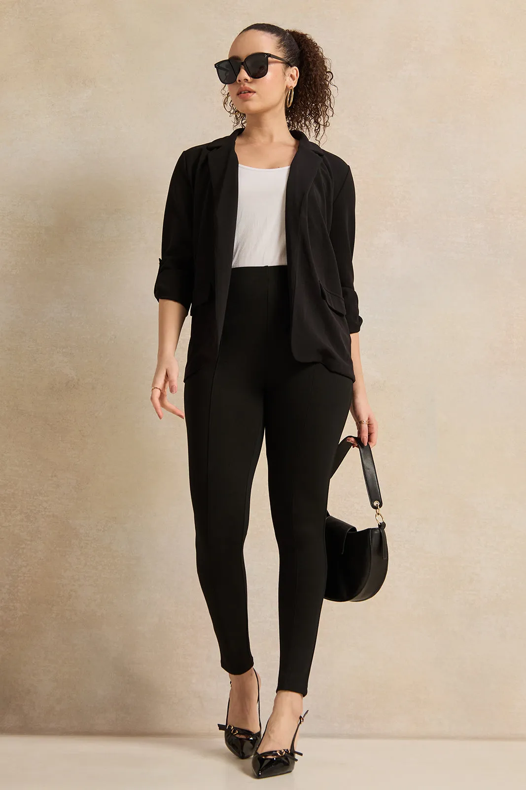 Women Black Rolled Up Sleeve Blazer