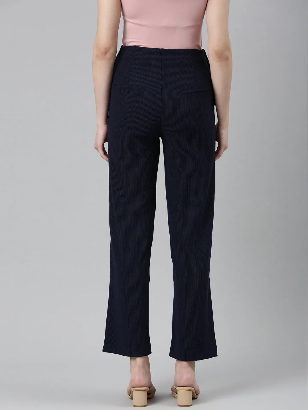 Women Navy Blue Solid Parallel Trouser