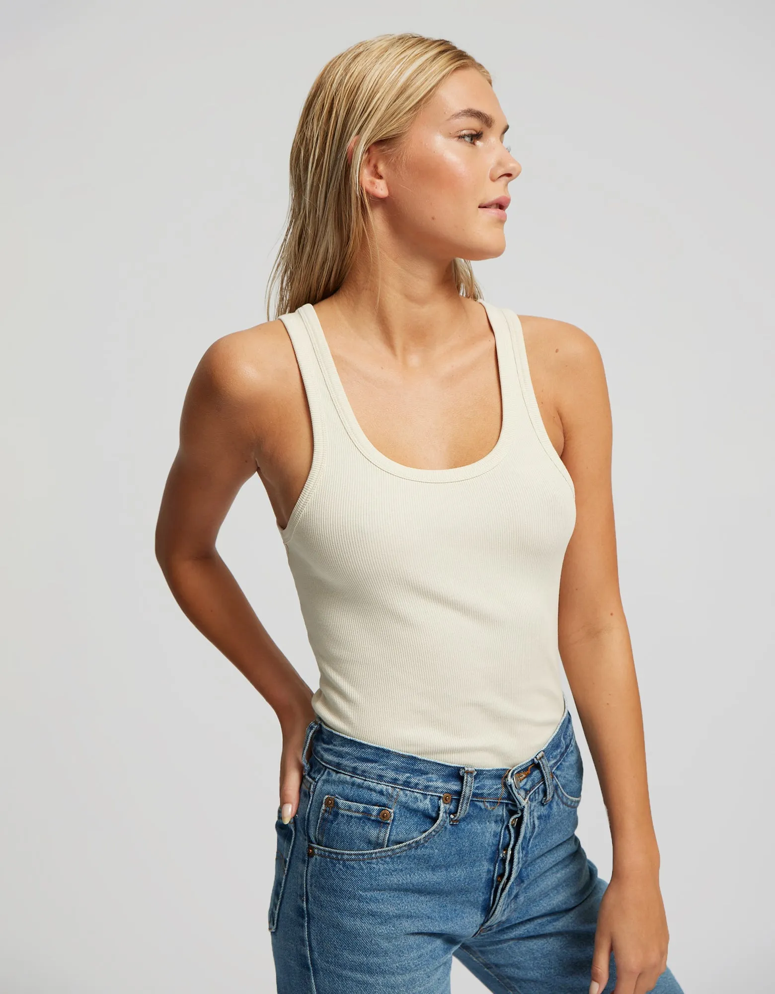 Women Organic Rib Tank Top - Ivory White