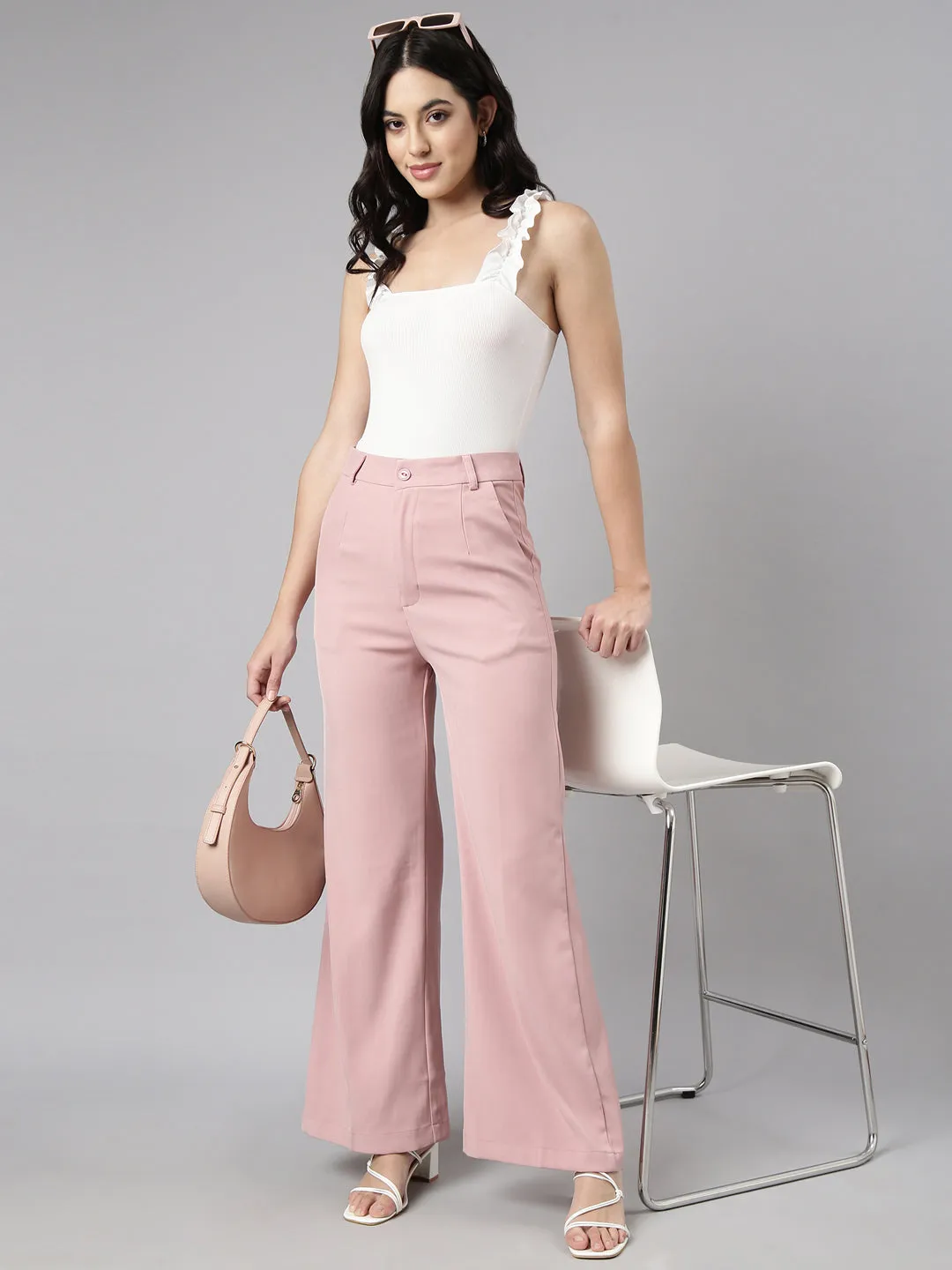 Women Solid Peach Parallel Trousers