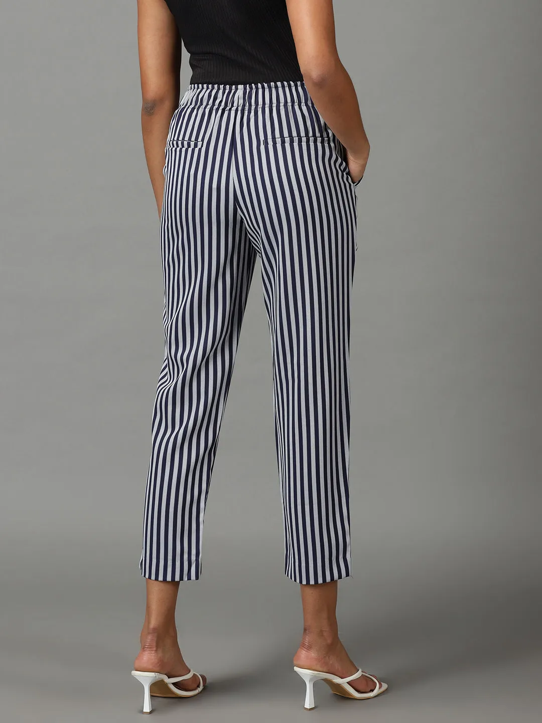 Women's Navy Blue Striped Formal Trouser